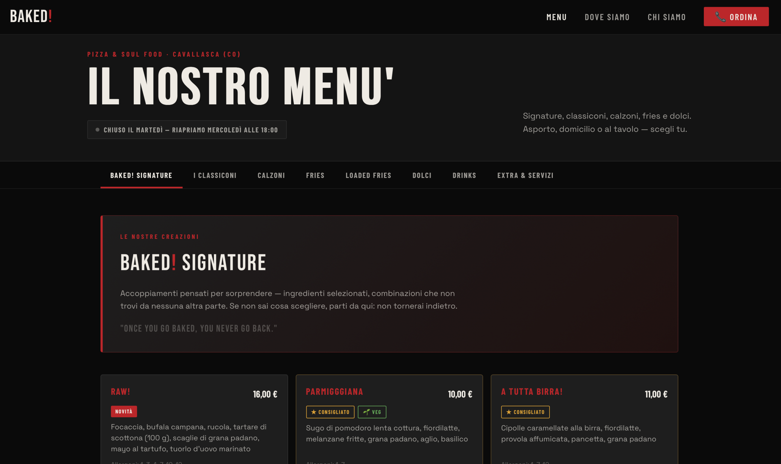 Baked San Fermo - sezione menu