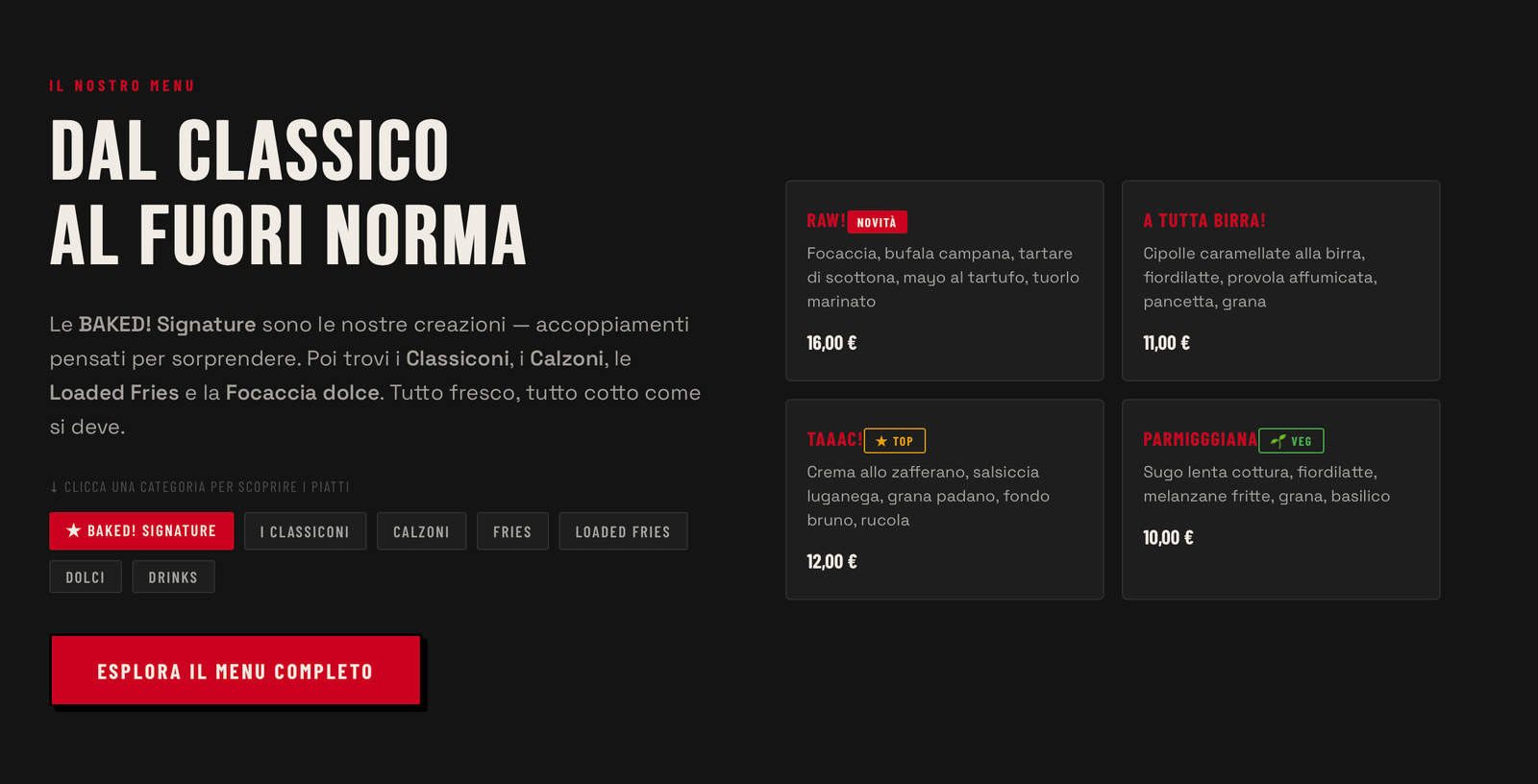 Baked San Fermo - sezione menu visuale