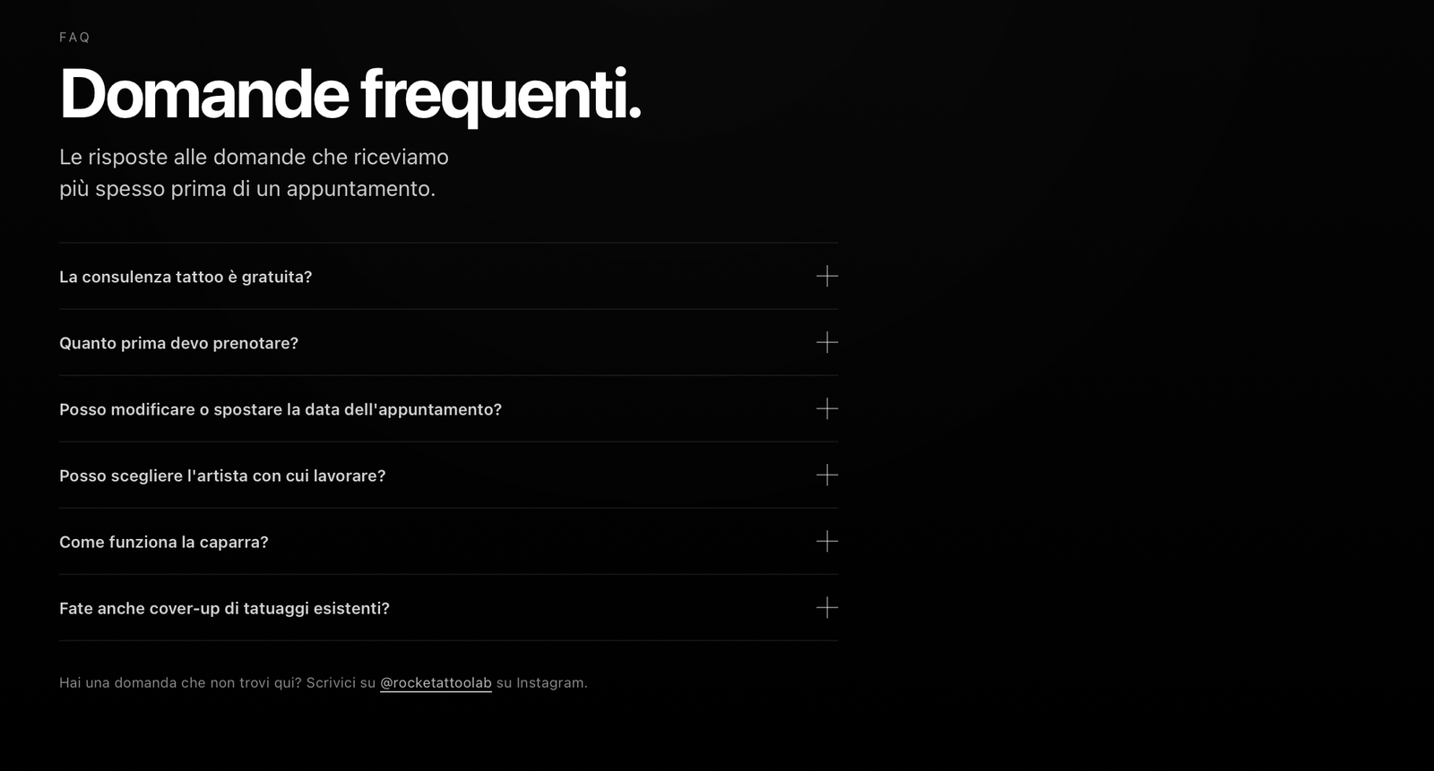 Rocket Tattoo Lab - FAQ e UI dark