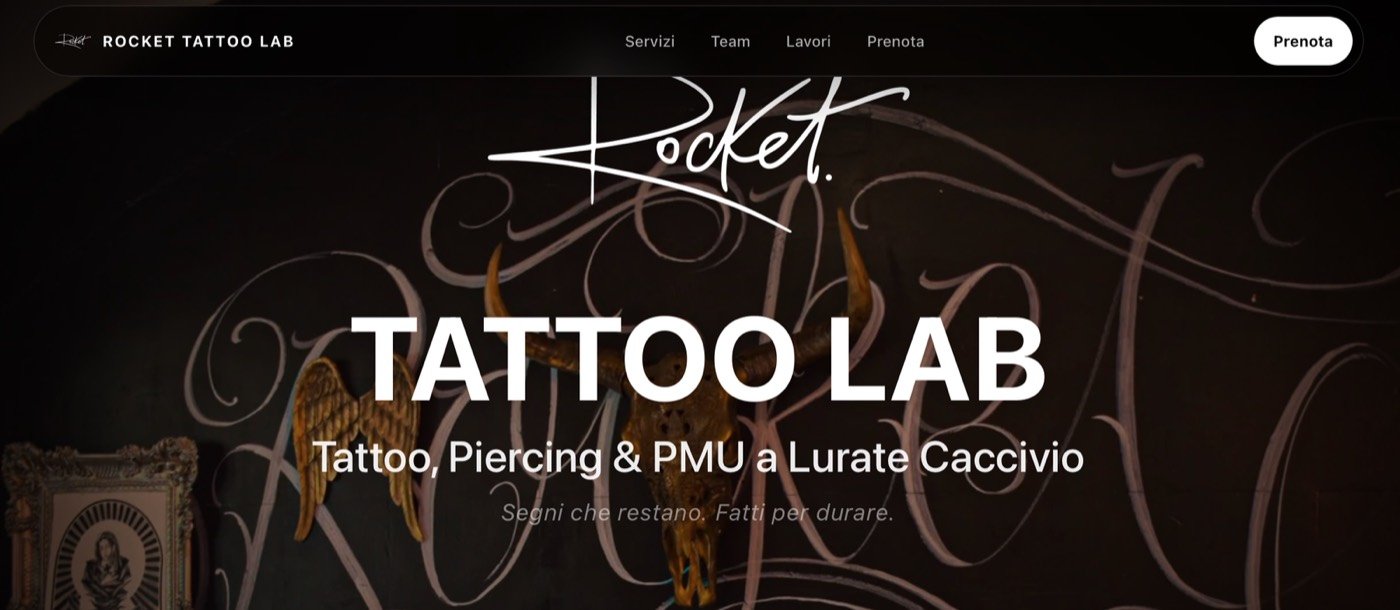 Rocket Tattoo Lab — interfaccia dark mobile-first con booking automatizzato